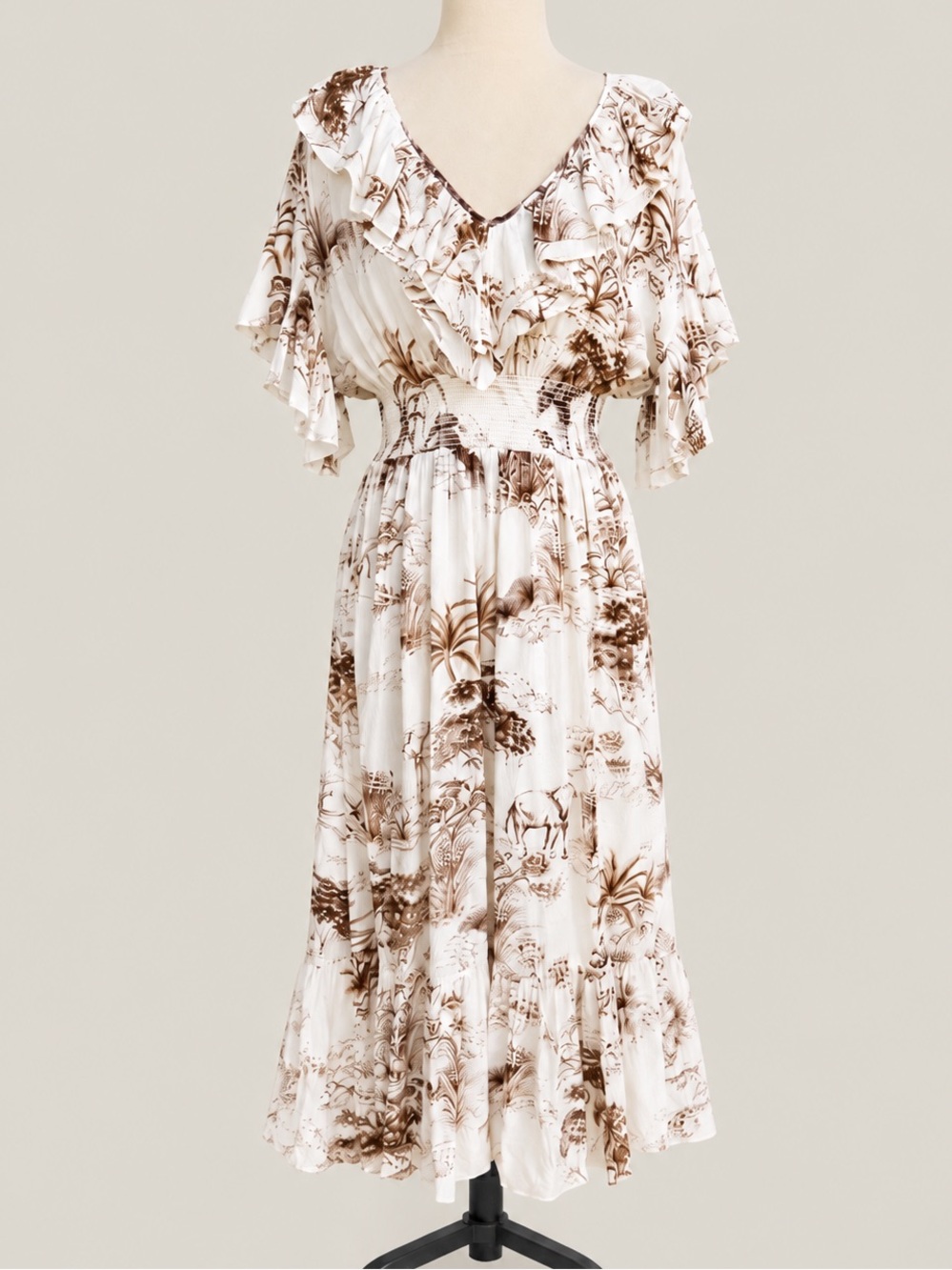 Sandro Paris Safari Toile Ruffle Midi Dress Smocked Waist NWT Small